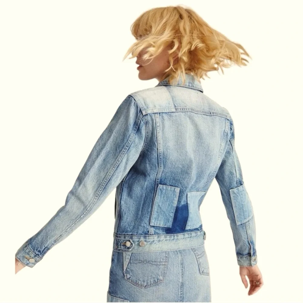 Lucky Brand Patchwork Tommy Trucker Denim Jacket Jean Jacket Zip Front Blue S